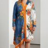 Color-Block Floral & Bird Print Asymmetrical Shirt Dress