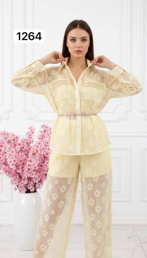 Sheer Floral Embroidered Two-Piece Pant Set