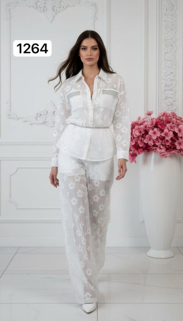 Sheer Floral Embroidered Two-Piece Pant Set