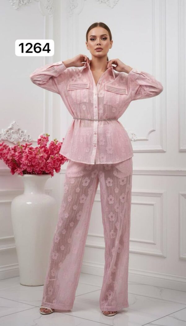 Sheer Floral Embroidered Two-Piece Pant Set