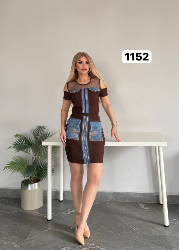 Denim-Accent Studded Two-Piece Dress Set