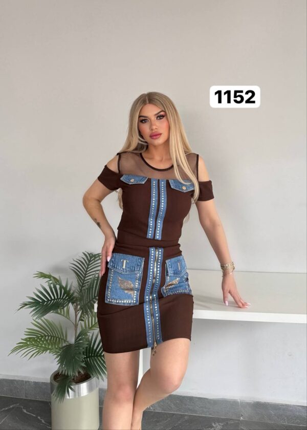 Denim-Accent Studded Two-Piece Dress Set