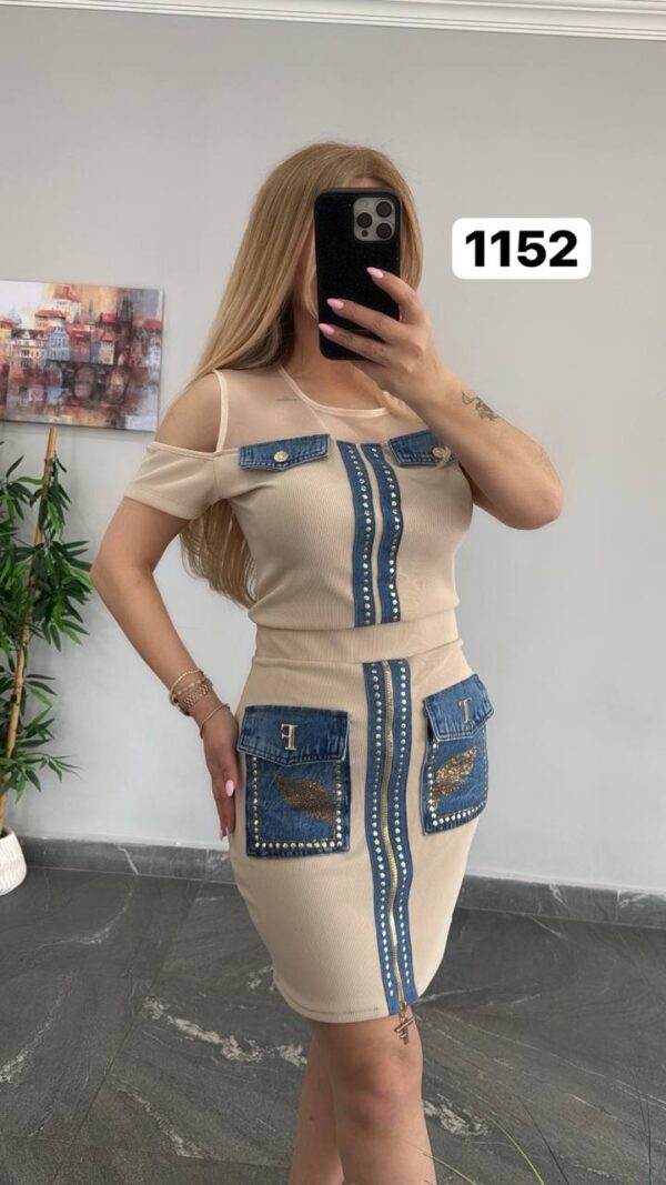 Denim-Accent Studded Two-Piece Dress Set