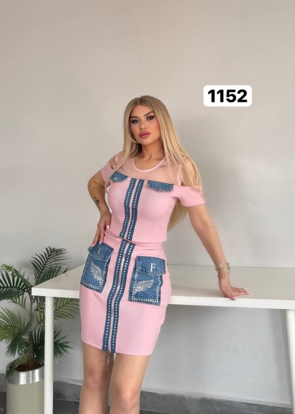 Denim-Accent Studded Two-Piece Dress Set