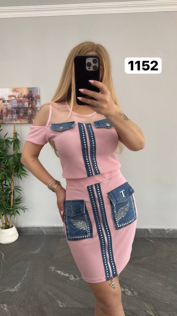 Denim-Accent Studded Two-Piece Dress Set