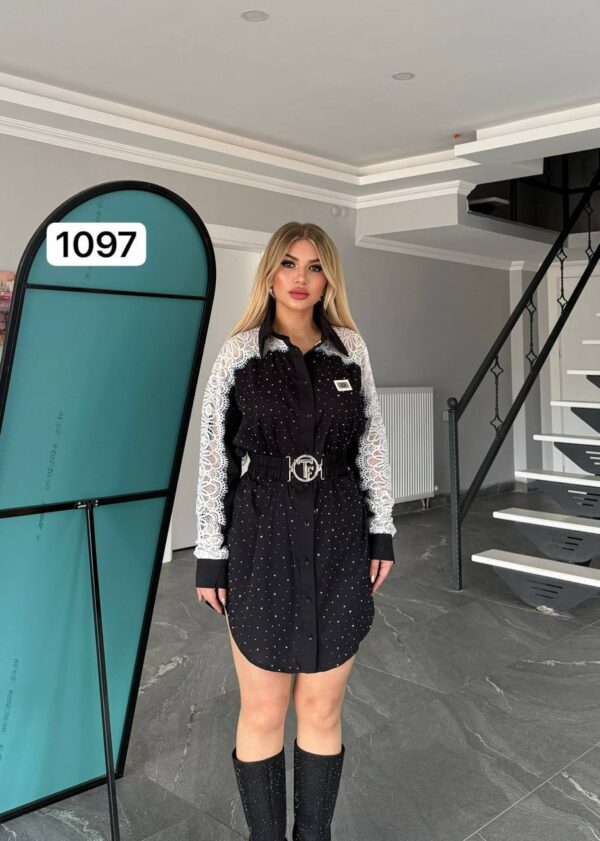 Wholesale Lace-Sleeve Rhinestone Shirt Dress
