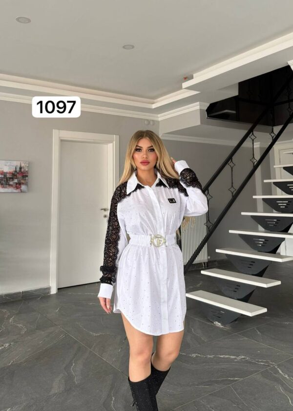 Wholesale Lace-Sleeve Rhinestone Shirt Dress