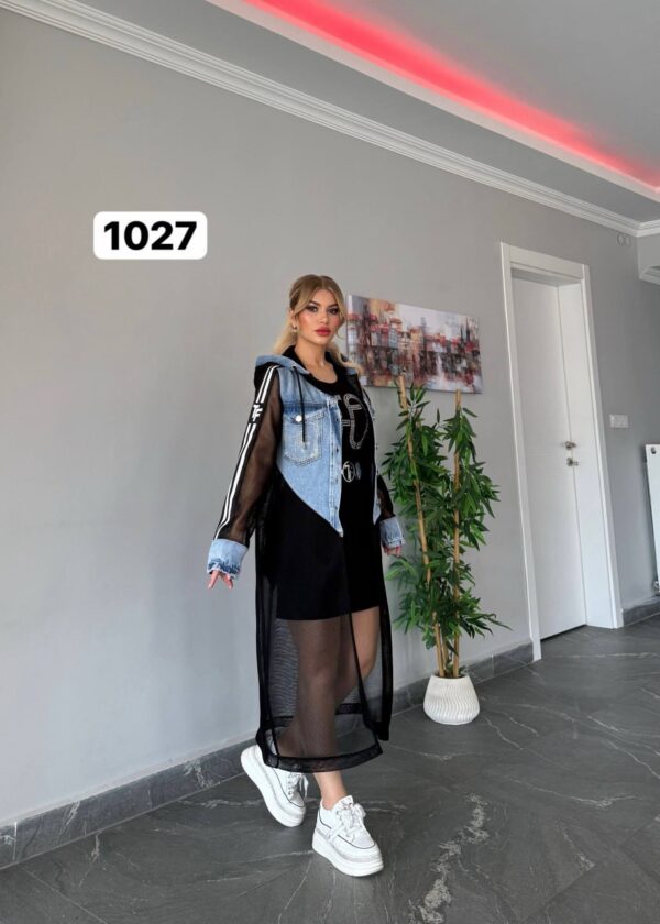 Wholesale Embellished Denim & Mesh Hooded Cardigan