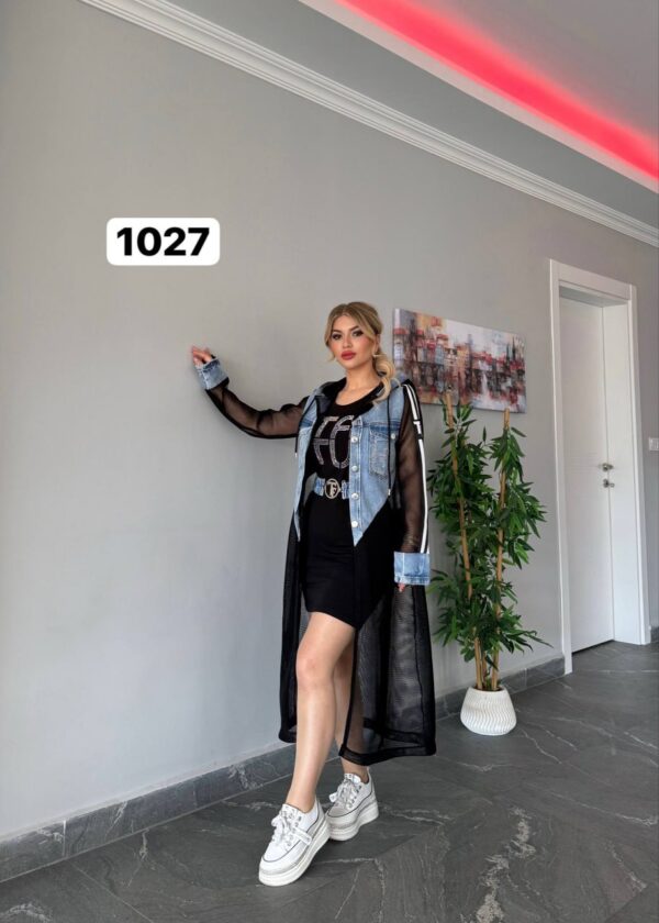 Wholesale Embellished Denim & Mesh Hooded Cardigan