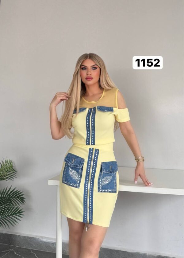 Denim-Accent Studded Two-Piece Dress Set