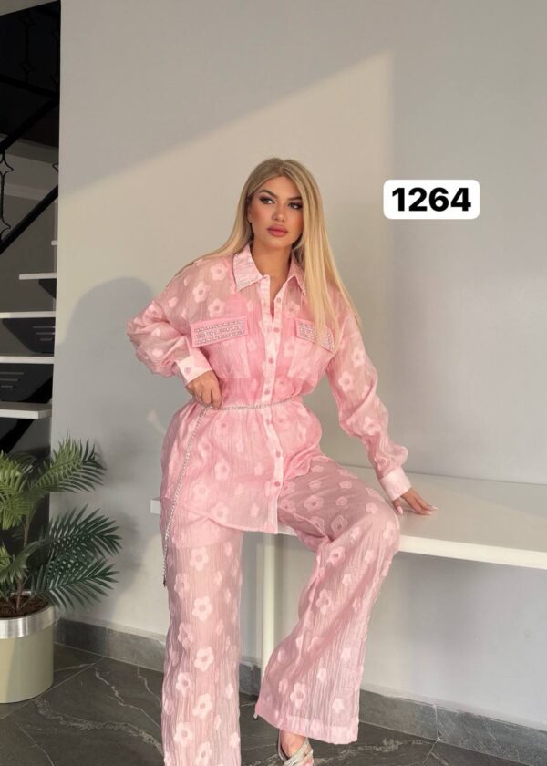 Sheer Floral Embroidered Two-Piece Pant Set