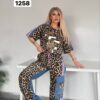 Leopard Print & Denim Combo Tracksuit with Sequin Bear Motif