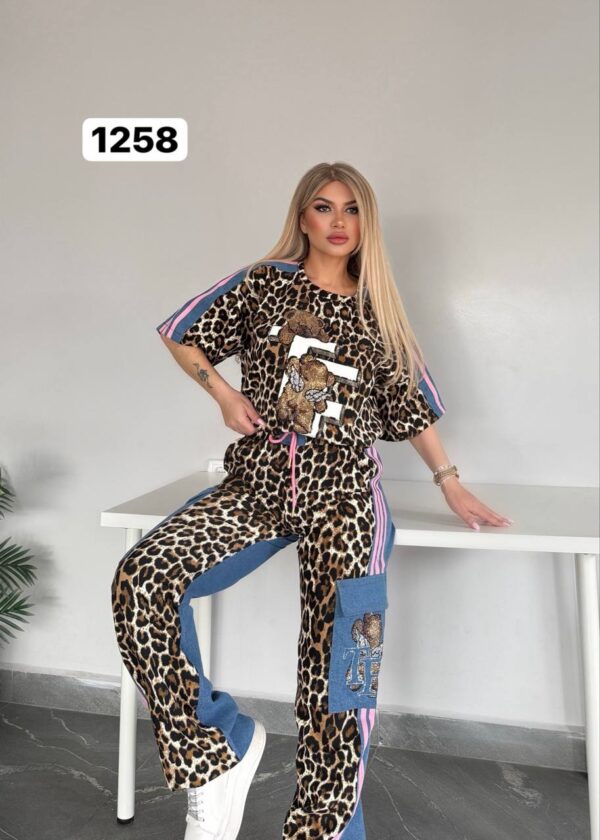 Leopard Print & Denim Combo Tracksuit with Sequin Bear Motif