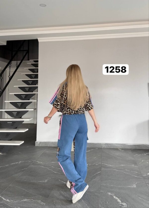 Leopard Print & Denim Combo Tracksuit with Sequin Bear Motif