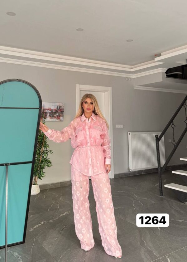 Sheer Floral Embroidered Two-Piece Pant Set