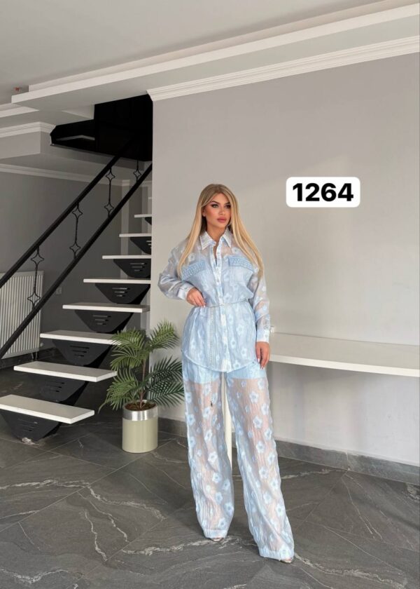 Sheer Floral Embroidered Two-Piece Pant Set