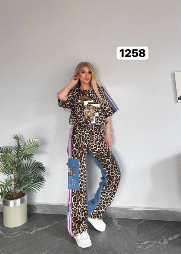 Leopard Print & Denim Combo Tracksuit with Sequin Bear Motif