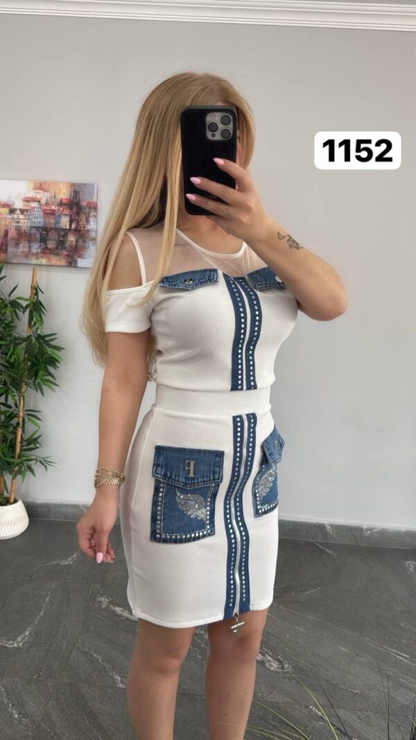 Denim-Accent Studded Two-Piece Dress Set