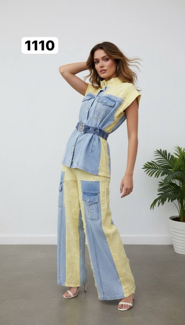 Wholesale Embellished Two-Tone Denim Pant Set