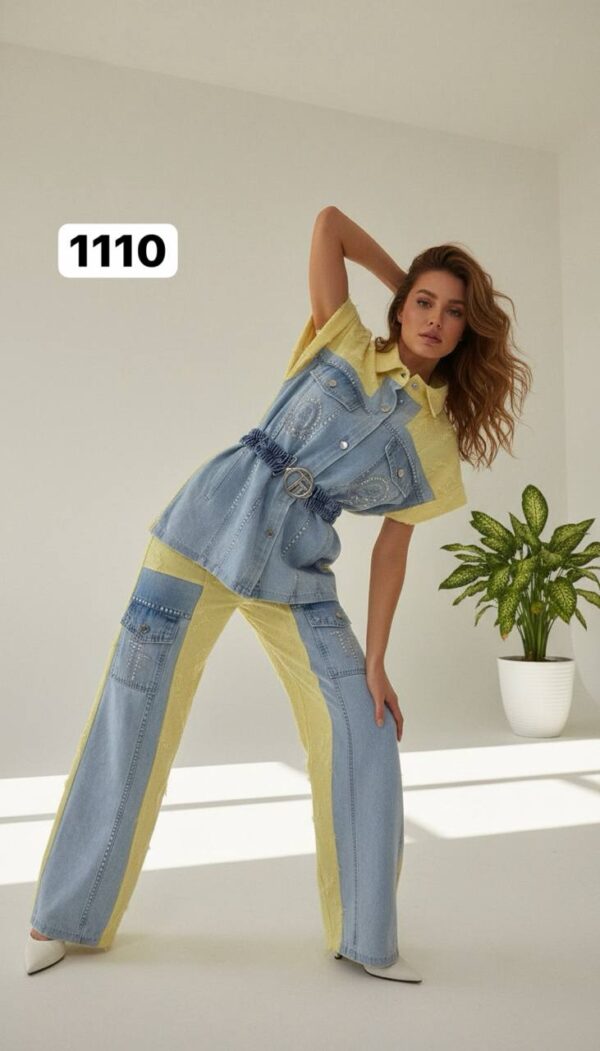 Wholesale Embellished Two-Tone Denim Pant Set