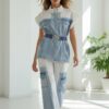 Wholesale Embellished Two-Tone Denim Pant Set