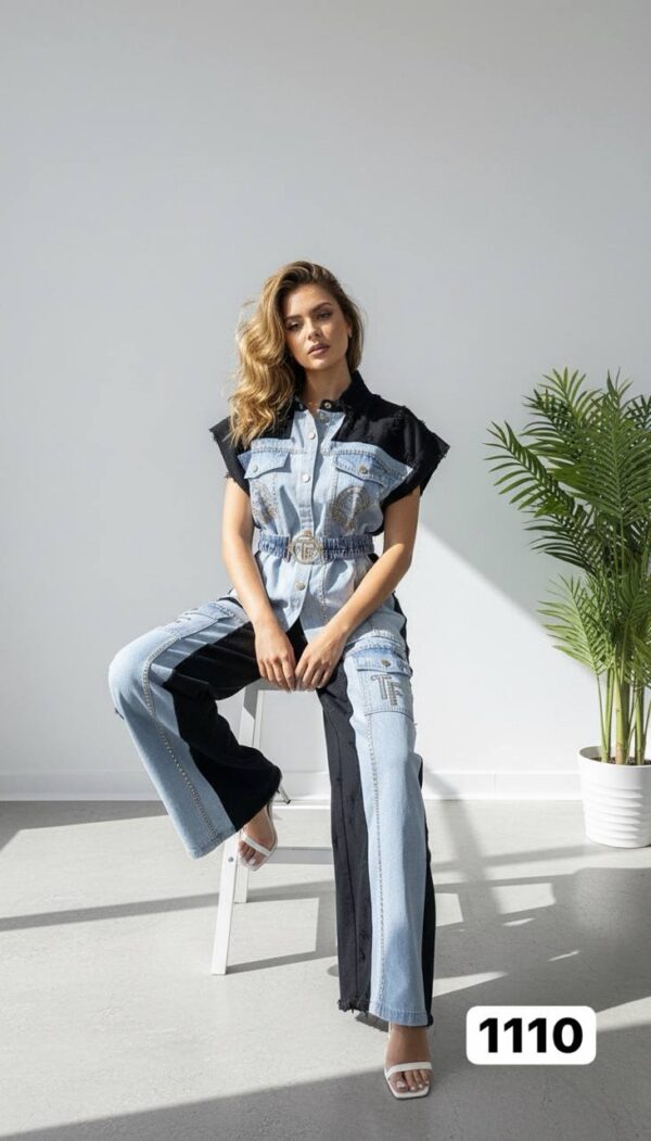 Wholesale Embellished Two-Tone Denim Pant Set