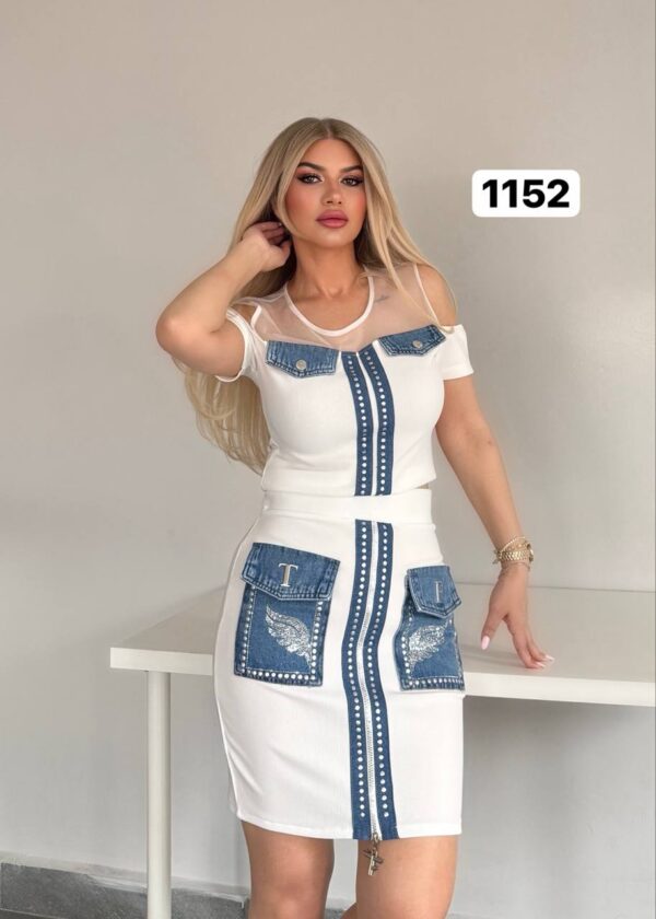Denim-Accent Studded Two-Piece Dress Set