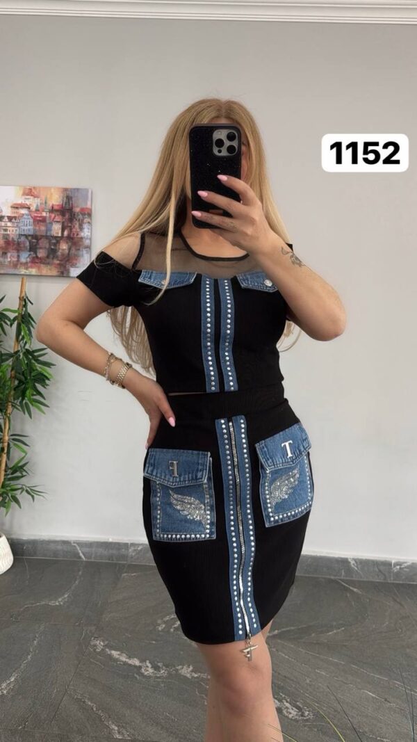 Denim-Accent Studded Two-Piece Dress Set