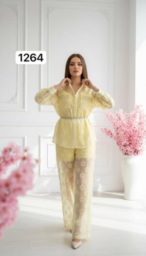 Sheer Floral Embroidered Two-Piece Pant Set