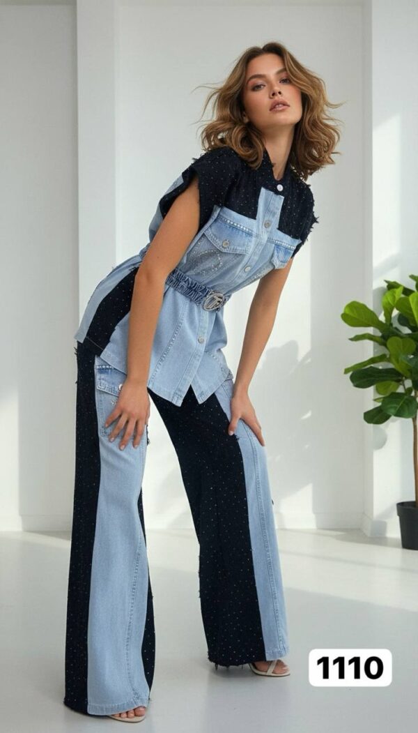 Wholesale Embellished Two-Tone Denim Pant Set