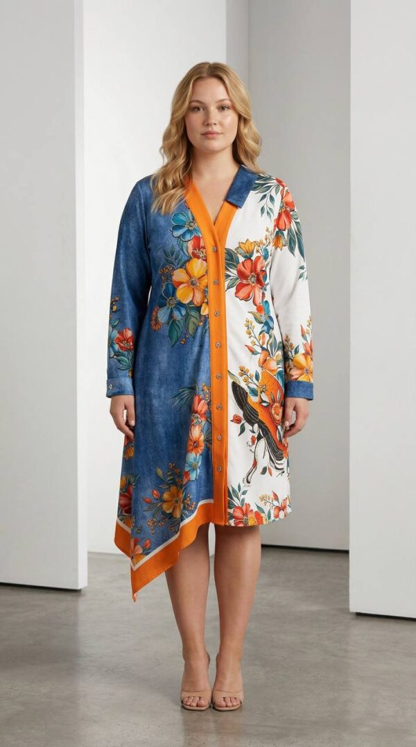 Color-Block Floral & Bird Print Asymmetrical Shirt Dress
