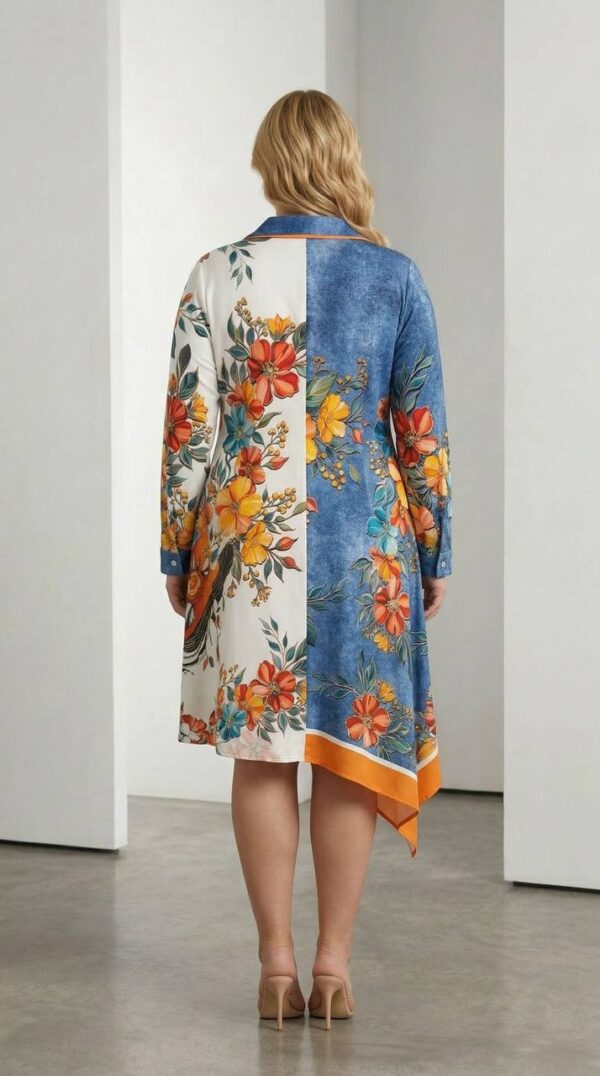 Color-Block Floral & Bird Print Asymmetrical Shirt Dress