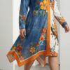 Color-Block Floral & Bird Print Asymmetrical Shirt Dress