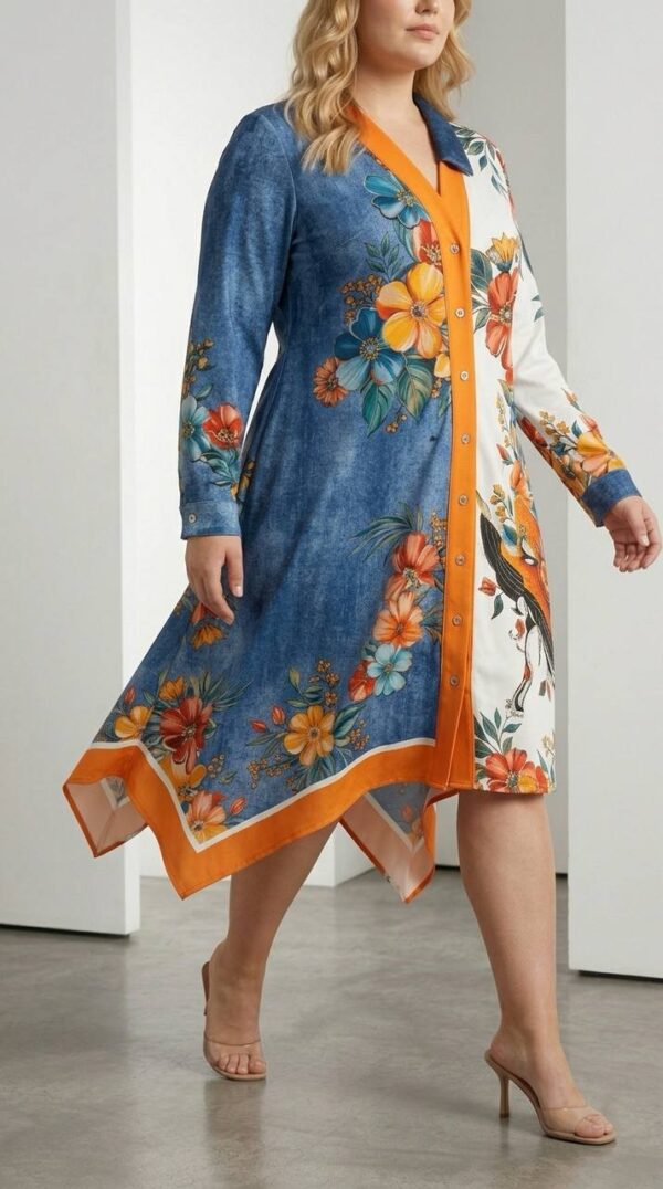 Color-Block Floral & Bird Print Asymmetrical Shirt Dress