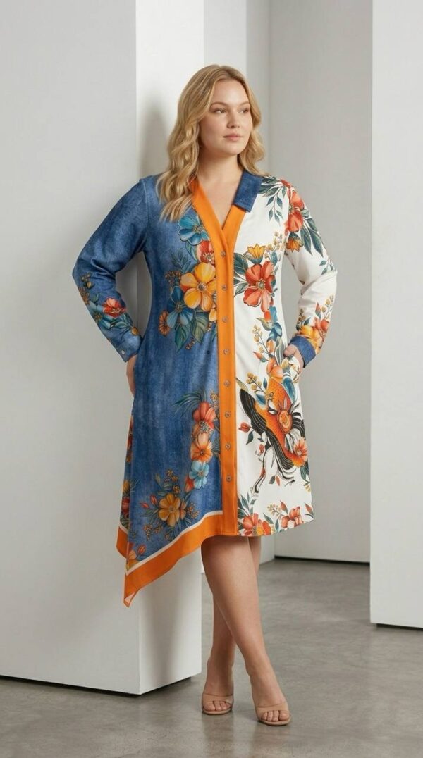 Color-Block Floral & Bird Print Asymmetrical Shirt Dress