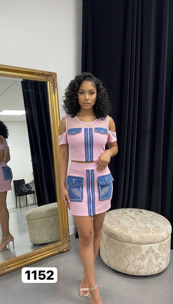 Denim-Accent Studded Two-Piece Dress Set