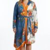 Color-Block Floral & Bird Print Asymmetrical Shirt Dress
