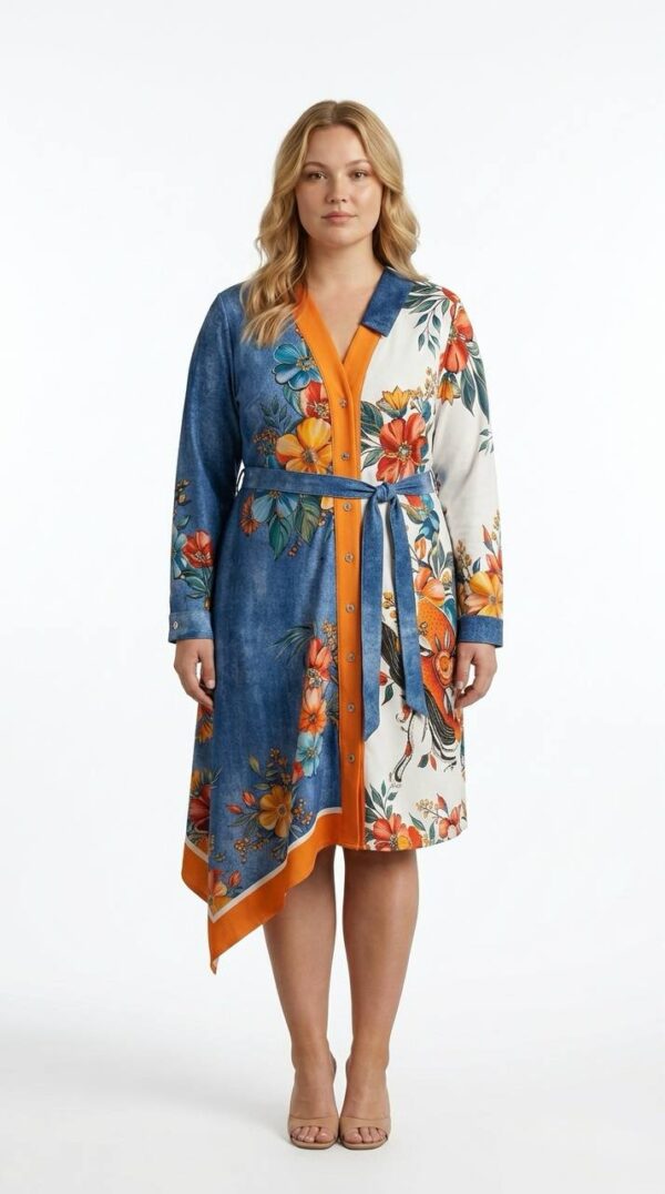 Color-Block Floral & Bird Print Asymmetrical Shirt Dress