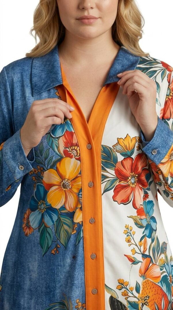 Color-Block Floral & Bird Print Asymmetrical Shirt Dress