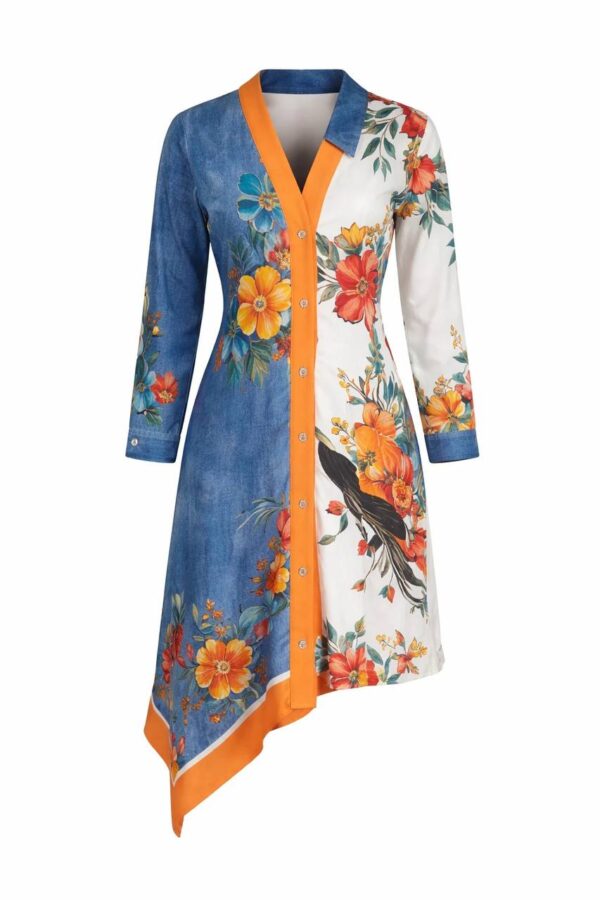 Color-Block Floral & Bird Print Asymmetrical Shirt Dress