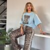Women's Leopard Graphic Top and Print Pants Set