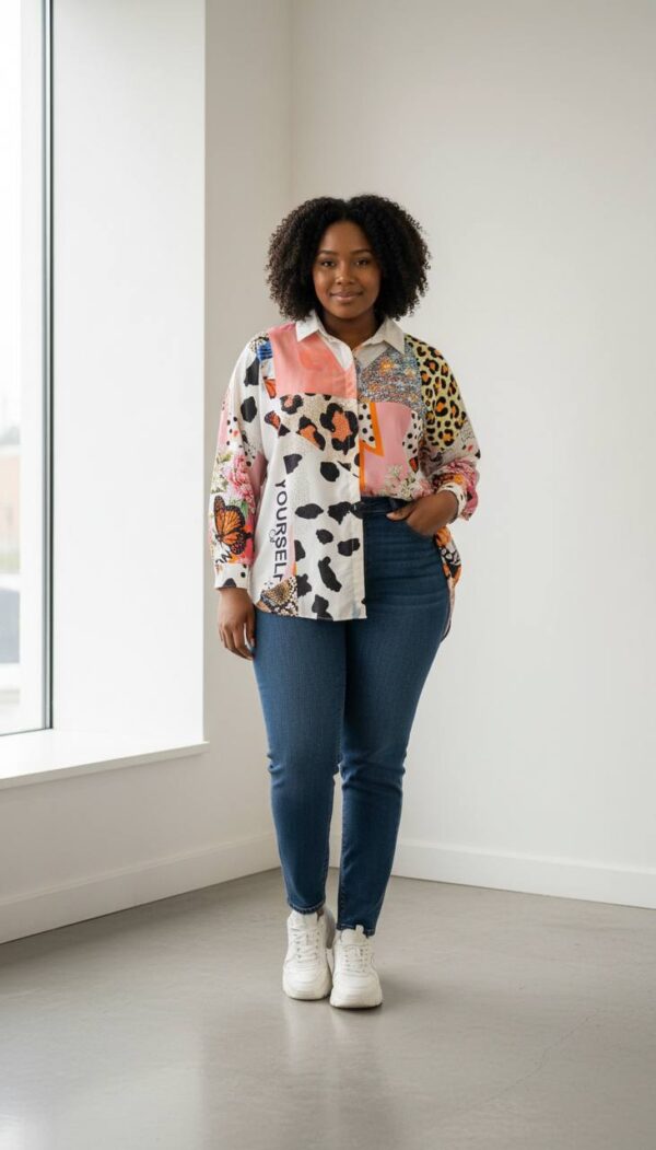 Multi-Pattern Patchwork Statement Blouse