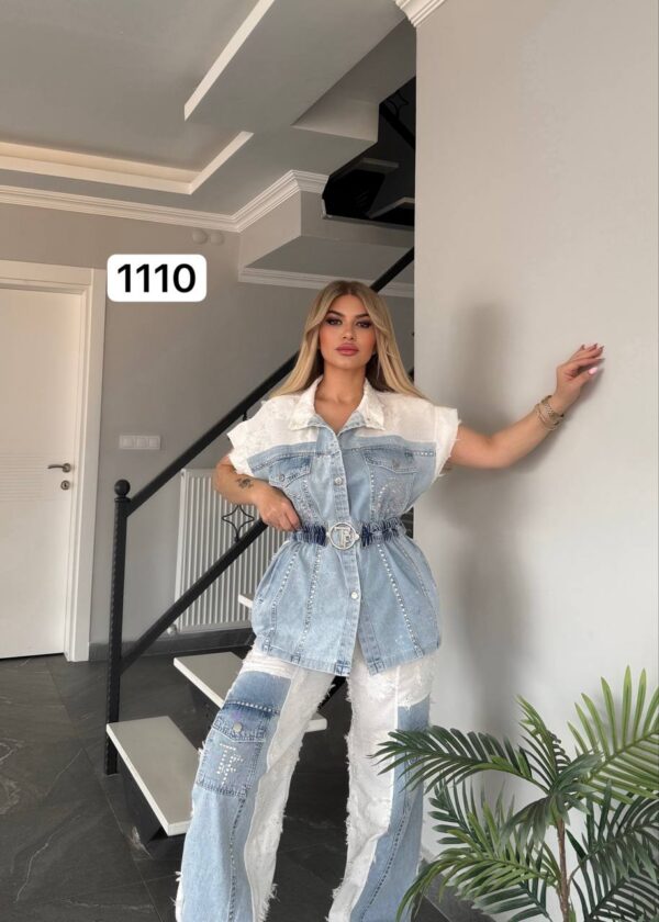 Wholesale Embellished Two-Tone Denim Pant Set