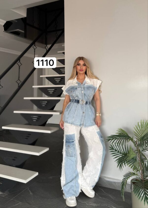 Wholesale Embellished Two-Tone Denim Pant Set