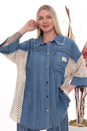 Distressed Denim Tunic Set with Eyelet Panels