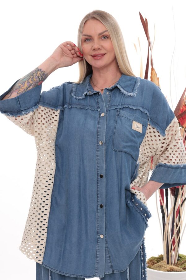 Distressed Denim Tunic Set with Eyelet Panels