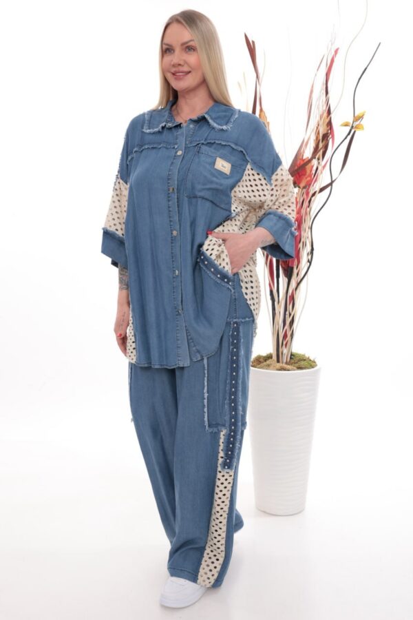 Distressed Denim Tunic Set with Eyelet Panels