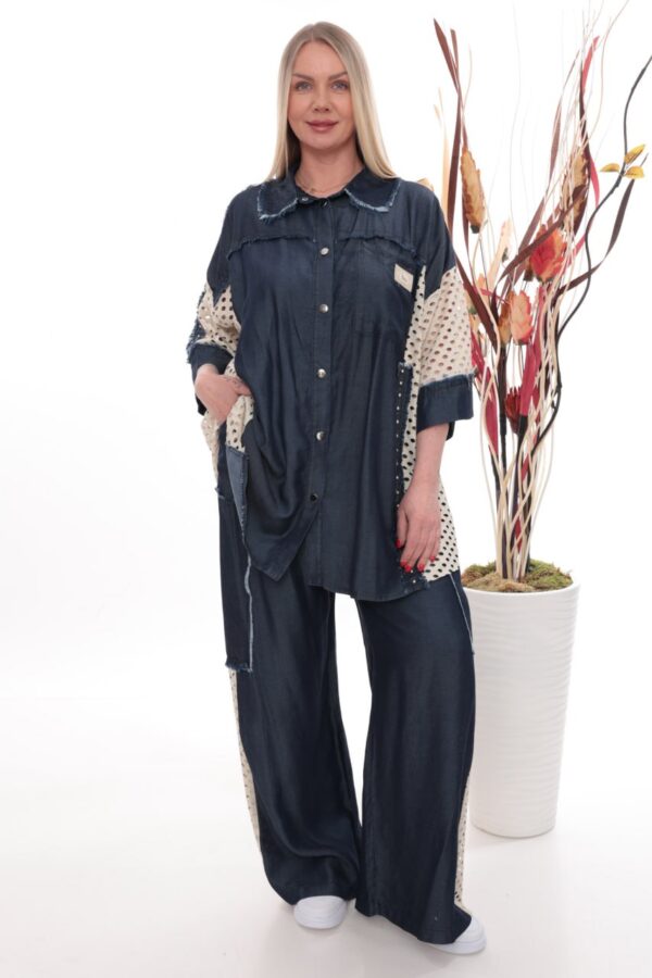 Distressed Denim Tunic Set with Eyelet Panels