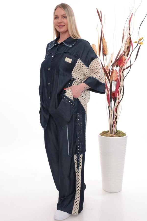 Distressed Denim Tunic Set with Eyelet Panels