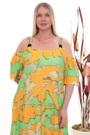 Chain-Strap Cold-Shoulder Abstract Print Dress